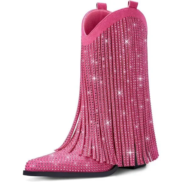 〽️Women's Pink Fringe Cowboy for Mid Calf Cowgirl Pointed Toe Chunky Heel Boots - Picture 1 of 6